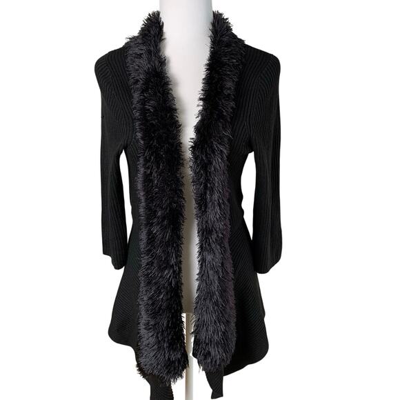Vintage Sweaters - Vintage Lauren Michelle Black Ribbed Knit Cardigan Faux Fur Size L Soft & Cozy